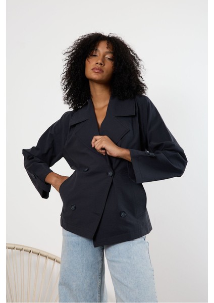 Siyah Regular Astarsız Mevsimlik Trençkot