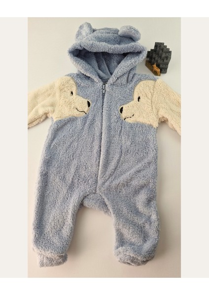 Welsoft Peluş Figürlü Kapüşonlu Mavi Bebek Tulum (0-12 Ay)