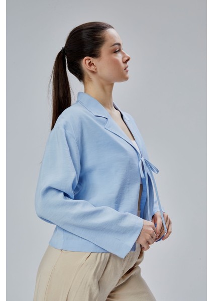 Bebe Mavisi Salaş Kesim Bağlama Detaylı Gömlek
