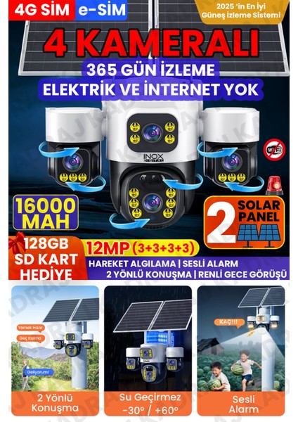 4 Kameralı Inox Modeli , 4g + E-Sim, 2 Solar Panelli, Uzaktan Izleme , Hareket Takip , Alarm , Sesli Konuşma, 16000 Mah Batarya