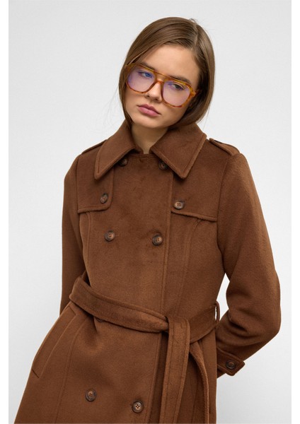 Pelerin Detaylı Kruvaze Uzun Boy Kaban Tütün 3087