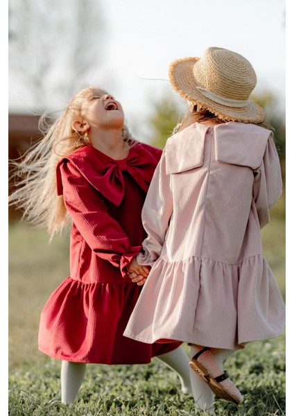 Önü Büyük Fiyonklu Kız Çocuk Elbise Kırmızı modelleri