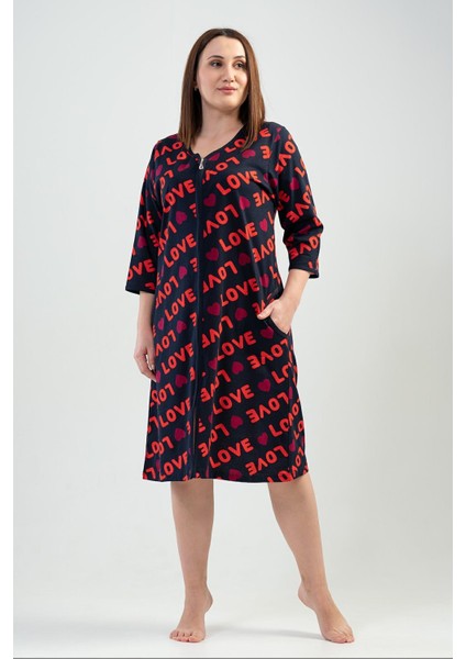 Kadın Büyük Beden V Yaka Fermuarlı Lacivert Renk Kapri Kol Ev Elbisesi C4T7N0102