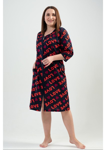 Kadın Büyük Beden V Yaka Fermuarlı Lacivert Renk Kapri Kol Ev Elbisesi C4T7N0102 fiyatları