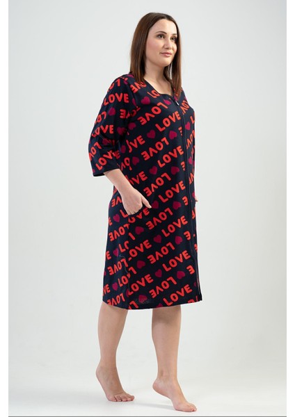 Kadın Büyük Beden V Yaka Fermuarlı Lacivert Renk Kapri Kol Ev Elbisesi C4T7N0102 modelleri