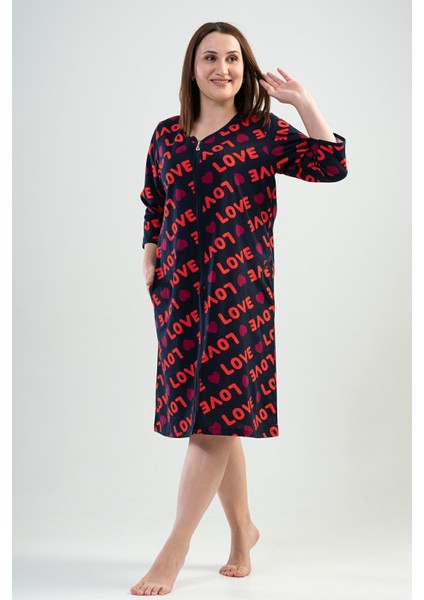 Kadın Büyük Beden V Yaka Fermuarlı Lacivert Renk Kapri Kol Ev Elbisesi C4T7N0102 fırsatları