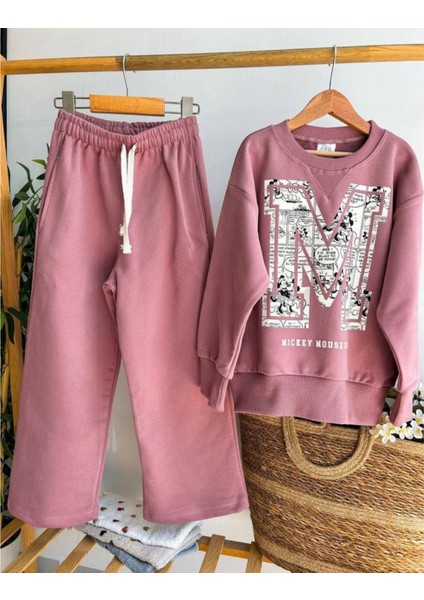 Pudra Rengi, Mickey Karikatür Baskılı, Şardonsuz Kız Çocuk Eşofman Takımı