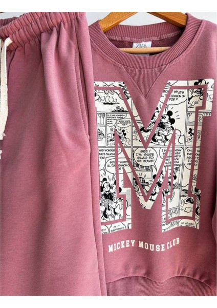 Pudra Rengi, Mickey Karikatür Baskılı, Şardonsuz Kız Çocuk Eşofman Takımı fiyatları