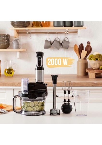 4'lü Paslanmaz Çelik Bıçaklı 2000W Çok Fonksiyonlu Mutfak Robotu, Siyah