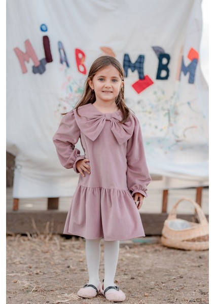 Önü Büyük Fiyonklu Kız Çocuk Elbise Gül Kurusu