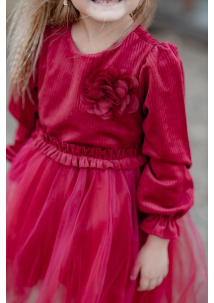 Rosa Kadife Kabarık Tüllü Kız Çocuk Elbise Kırmızı fırsatları