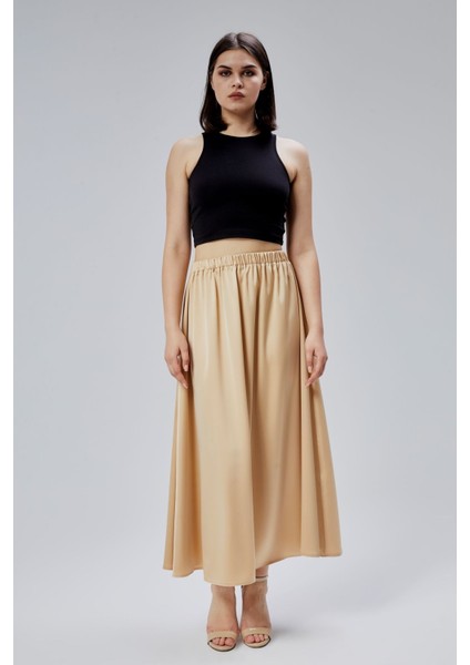 Vizon Regular Büzgülü Beli Lastikli Saten Etek
