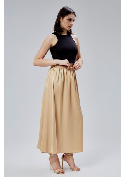 Vizon Regular Büzgülü Beli Lastikli Saten Etek
