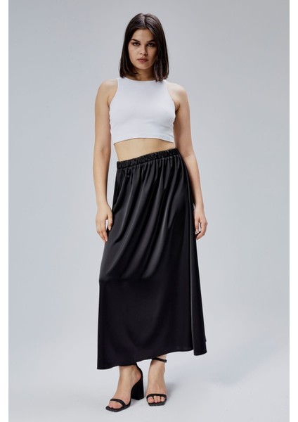Siyah Regular Büzgülü Beli Lastikli Saten Etek