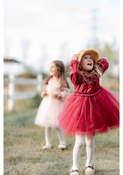 Rosa Kadife Kabarık Tüllü Kız Çocuk Elbise Kırmızı