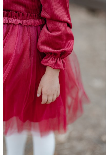 Rosa Kadife Kabarık Tüllü Kız Çocuk Elbise Kırmızı modelleri