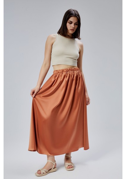 Kiremit Regular Büzgülü Beli Lastikli Saten Etek