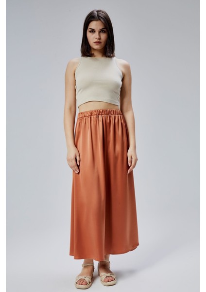 Kiremit Regular Büzgülü Beli Lastikli Saten Etek