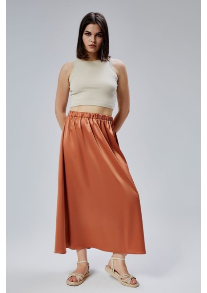 Kiremit Regular Büzgülü Beli Lastikli Saten Etek