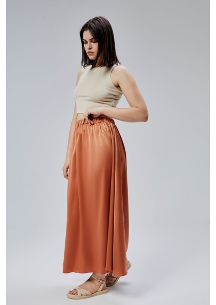 Kiremit Regular Büzgülü Beli Lastikli Saten Etek