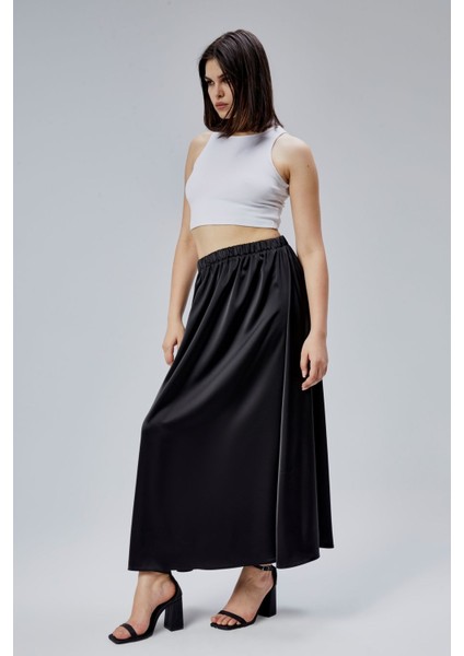 Siyah Regular Büzgülü Beli Lastikli Saten Etek