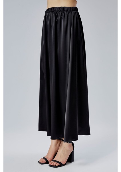 Siyah Regular Büzgülü Beli Lastikli Saten Etek