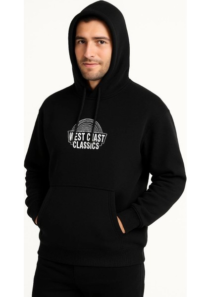 Erkek Üç Iplik Kapüşonlu Ön ve Arka Baskılı Sweatshirt Hoodie - Siyah