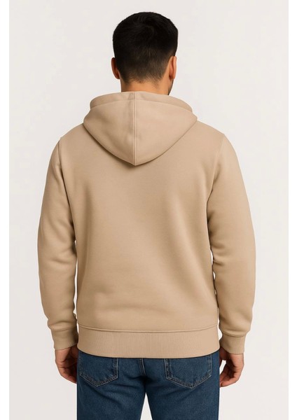 Erkek Üç Iplik Kapüşonlu Tam Fermuarlı Kanguru Çepli Sweatshirt Hoodie - Bej fiyatları