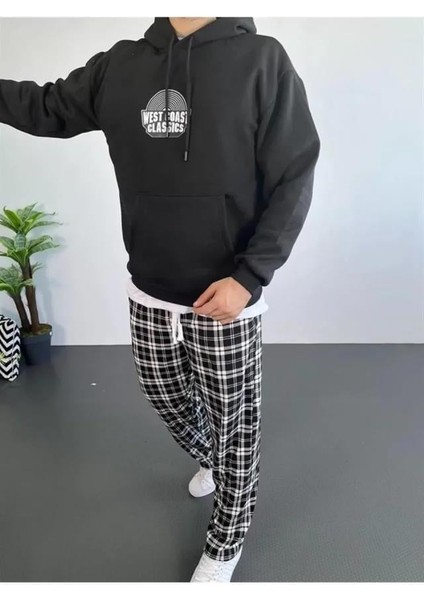 Erkek Sırt Baskılı Kapüşonlu Üç Iplik Oversize Sweatshirt - Siyah modelleri