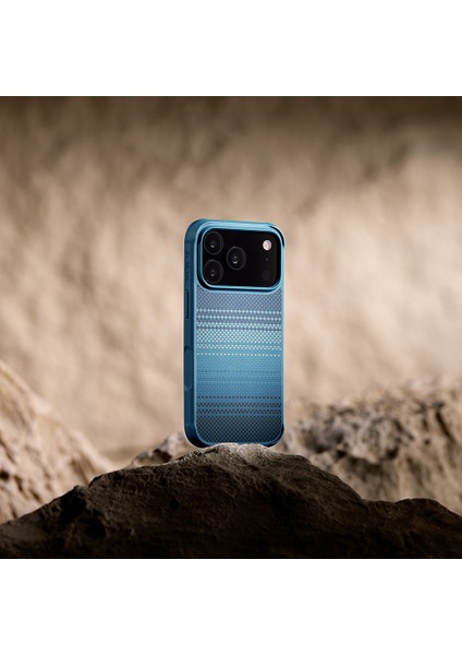 iPhone 17 Pro Kılıf M-Safeli Pitaka Tactile Woven Sunset-Moonrise Aramid Pro Guard Seri Kapak Mavi