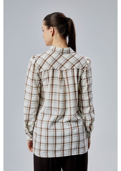 Kadın Kahverengi Ekoseli Regular Dokuma Gömlek
