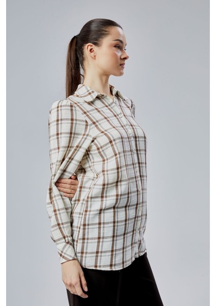 Kadın Kahverengi Ekoseli Regular Dokuma Gömlek