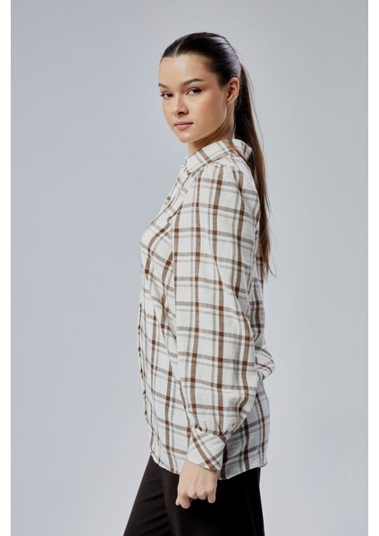 Kadın Kahverengi Ekoseli Regular Dokuma Gömlek