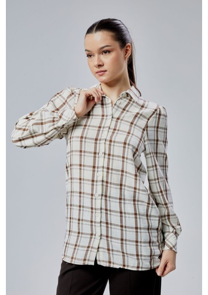 Kadın Kahverengi Ekoseli Regular Dokuma Gömlek