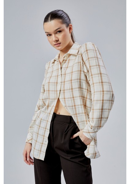 Kadın Vizon Ekoseli Regular Dokuma Gömlek