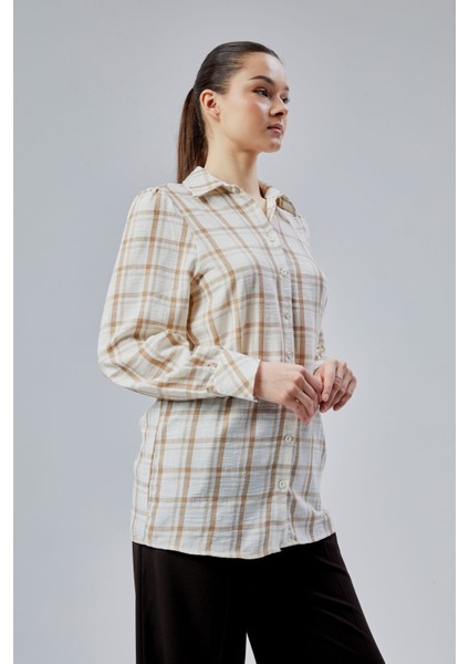 Kadın Vizon Ekoseli Regular Dokuma Gömlek