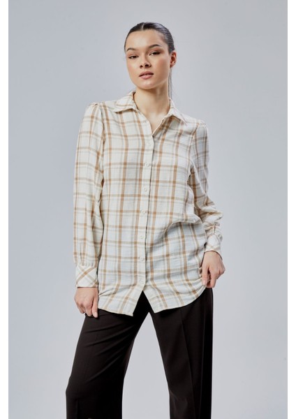 Kadın Vizon Ekoseli Regular Dokuma Gömlek