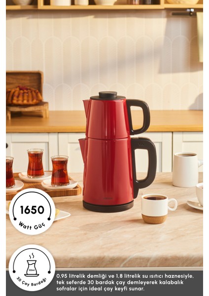 Çelik Çay Makinesi 2'li, Şık ve Pratik, Kırmızı Renkli modelleri