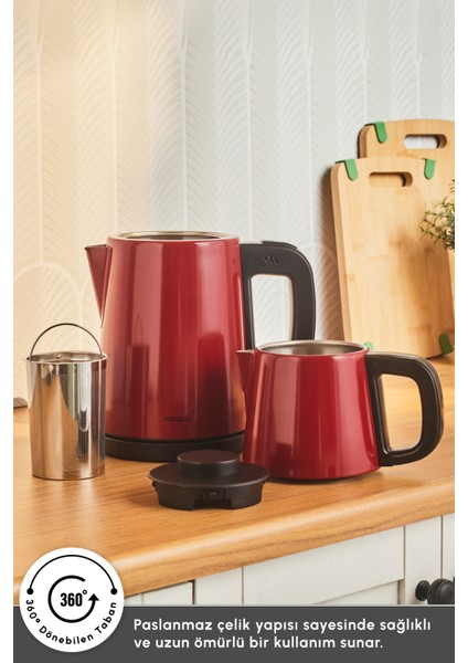 Çelik Çay Makinesi 2'li, Şık ve Pratik, Kırmızı Renkli fırsatları