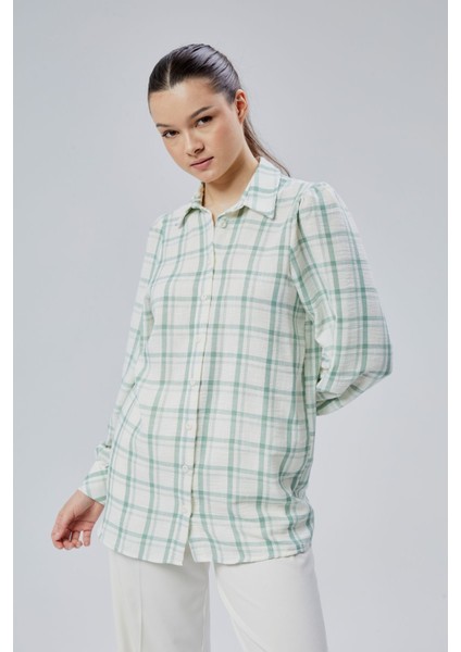 Kadın Mint Ekoseli Regular Dokuma Gömlek