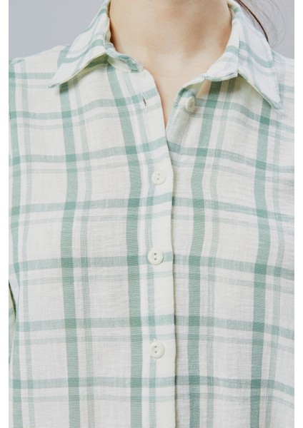Kadın Mint Ekoseli Regular Dokuma Gömlek