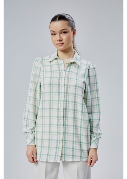 Kadın Mint Ekoseli Regular Dokuma Gömlek