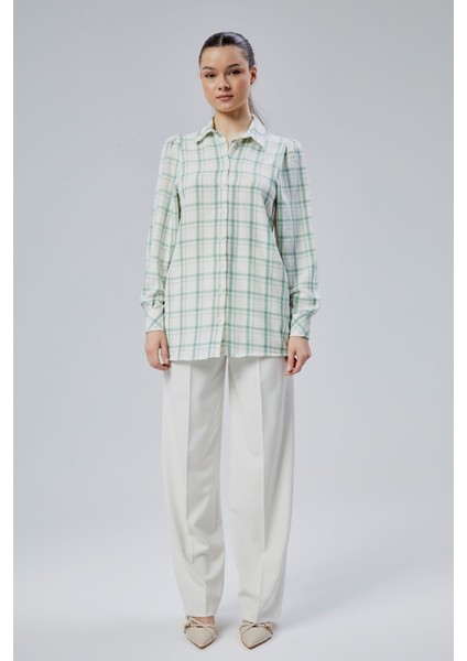 Kadın Mint Ekoseli Regular Dokuma Gömlek