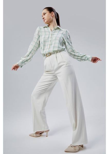 Kadın Mint Ekoseli Regular Dokuma Gömlek