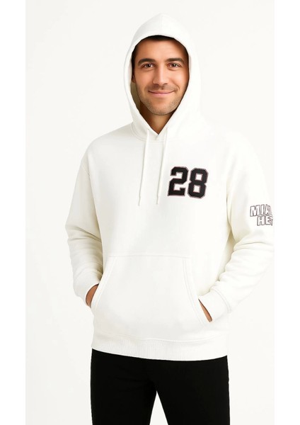 Üç Iplik Kapüşonlu Ön ve Arka Baskılı Sweatshirt Hoodie - Beyaz