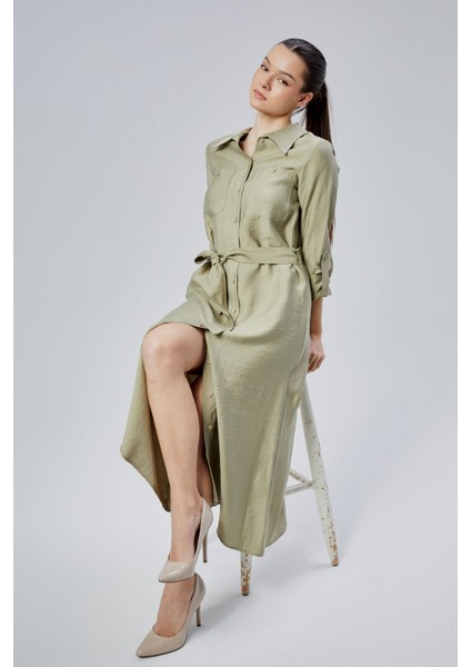Yeşil Regular Fit Kuşak Kemerli Gömlek Elbise