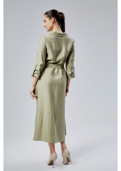 Yeşil Regular Fit Kuşak Kemerli Gömlek Elbise