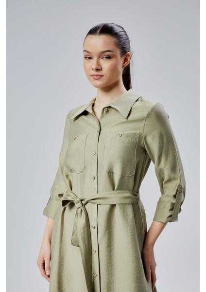 Yeşil Regular Fit Kuşak Kemerli Gömlek Elbise