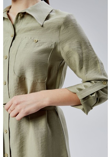Yeşil Regular Fit Kuşak Kemerli Gömlek Elbise
