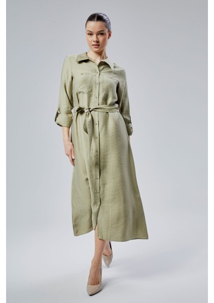 Yeşil Regular Fit Kuşak Kemerli Gömlek Elbise